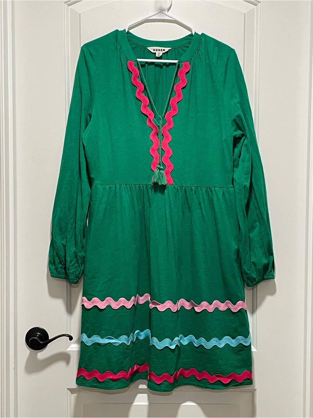 Boden Boho Corinna Ric Rac Green Long Sleeve Jersey Dress Festive & Fun - Picture 2 of 11